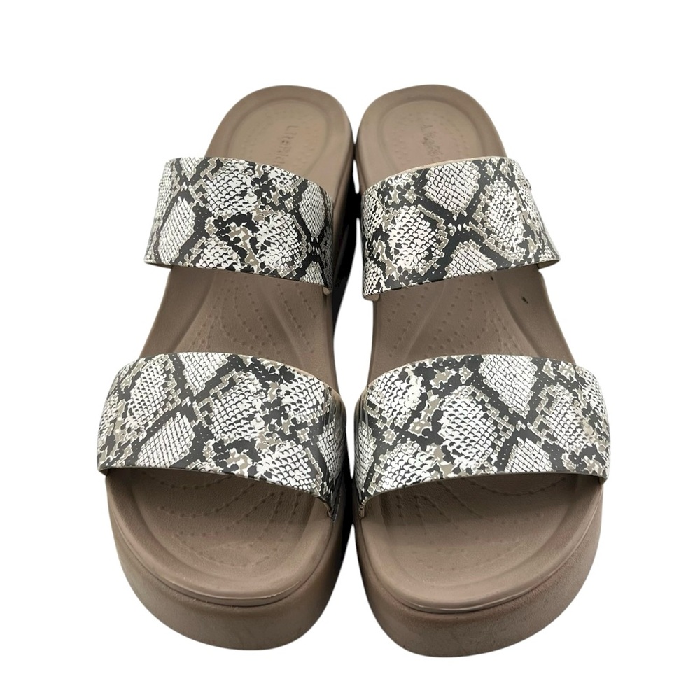 CROCS Brooklyn Women’s Snake Print Dual Strap Sandals in Taupe and White